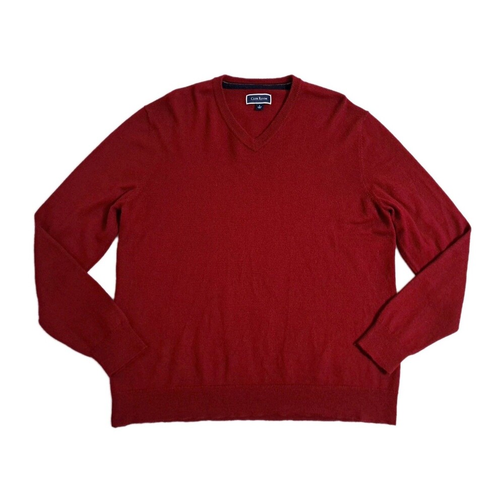 Club Room Men's Large Merino Wool V Neck Sweater Red Cabin Core Soft